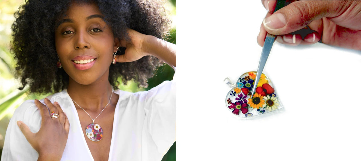 Woman wearing a floral pendant necklace with a close-up of the pendant.