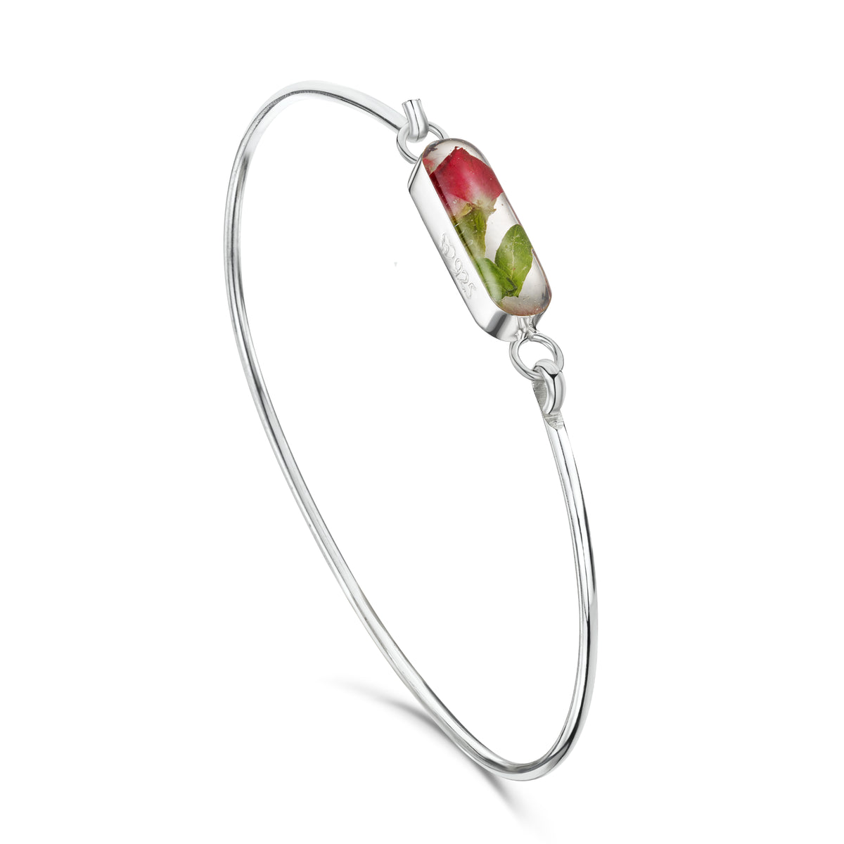 Brazalete en miniatura de plata de ley con capullo de rosa real | Regalo de San Valentín