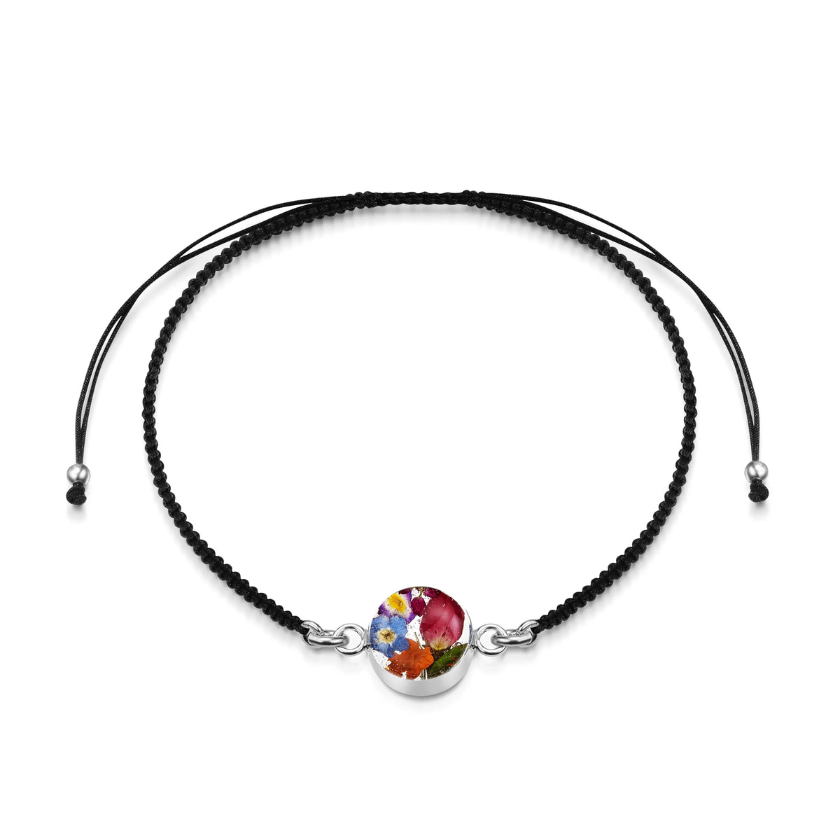 Mixed Flower Round Black Woven Bracelet - Silver