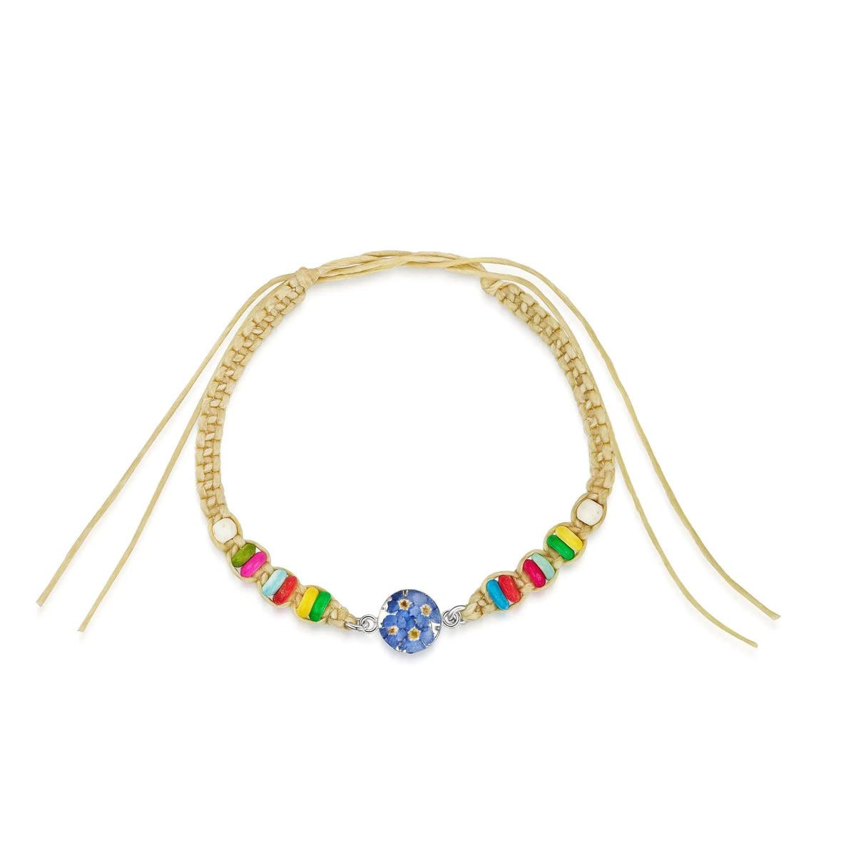 Friendship bracelet with colourful beads & a real flower charm.