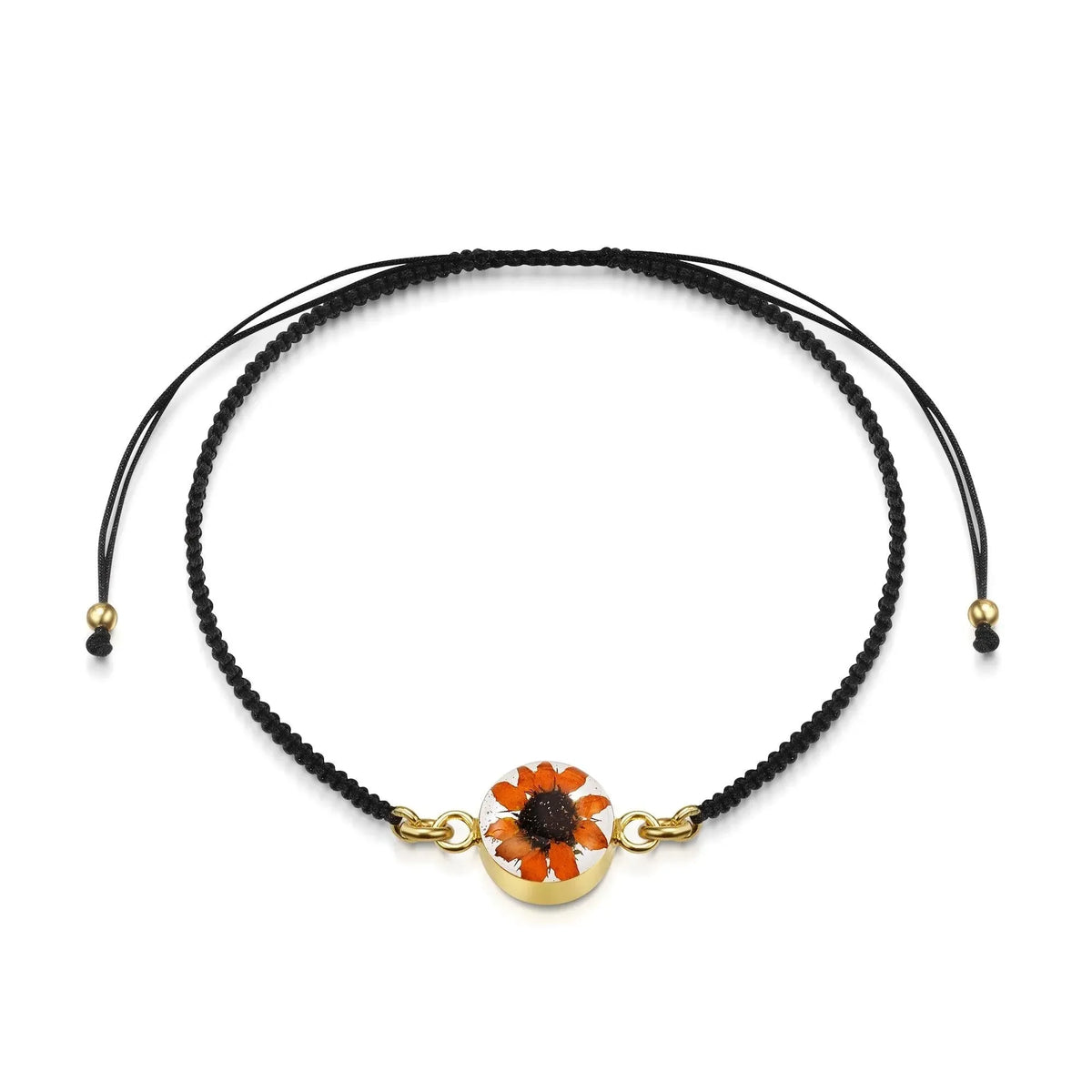 Gold plated black woven bracelet with flower charm - Sunflower - Round