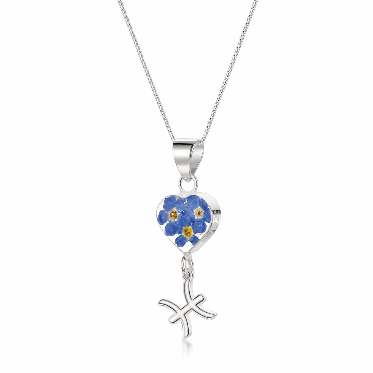 Pisces Necklace - Sterling silver pendant with real flowers & a zodiac charm More Options...