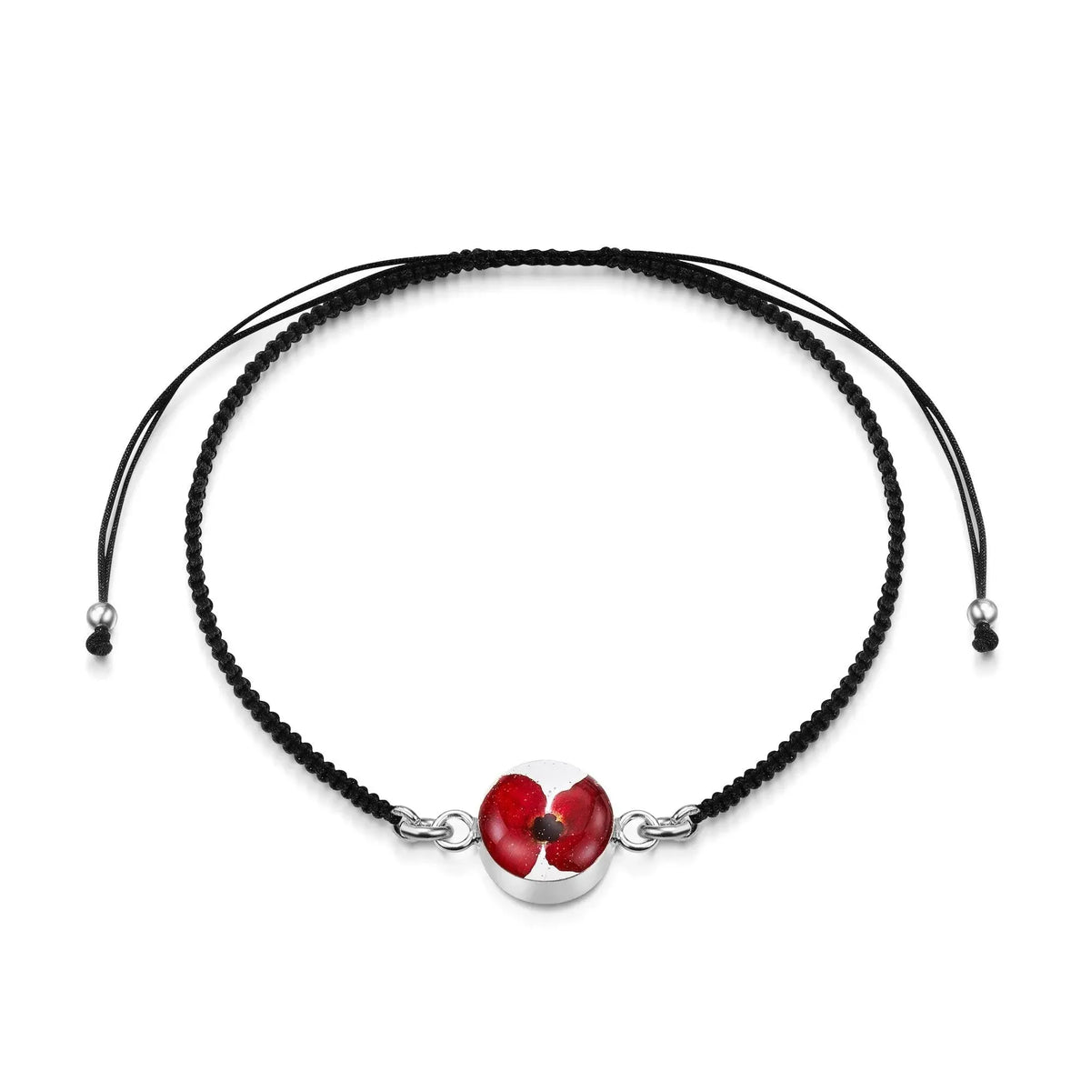 Sterling Silver black woven bracelet with flower charm - Poppy - Round