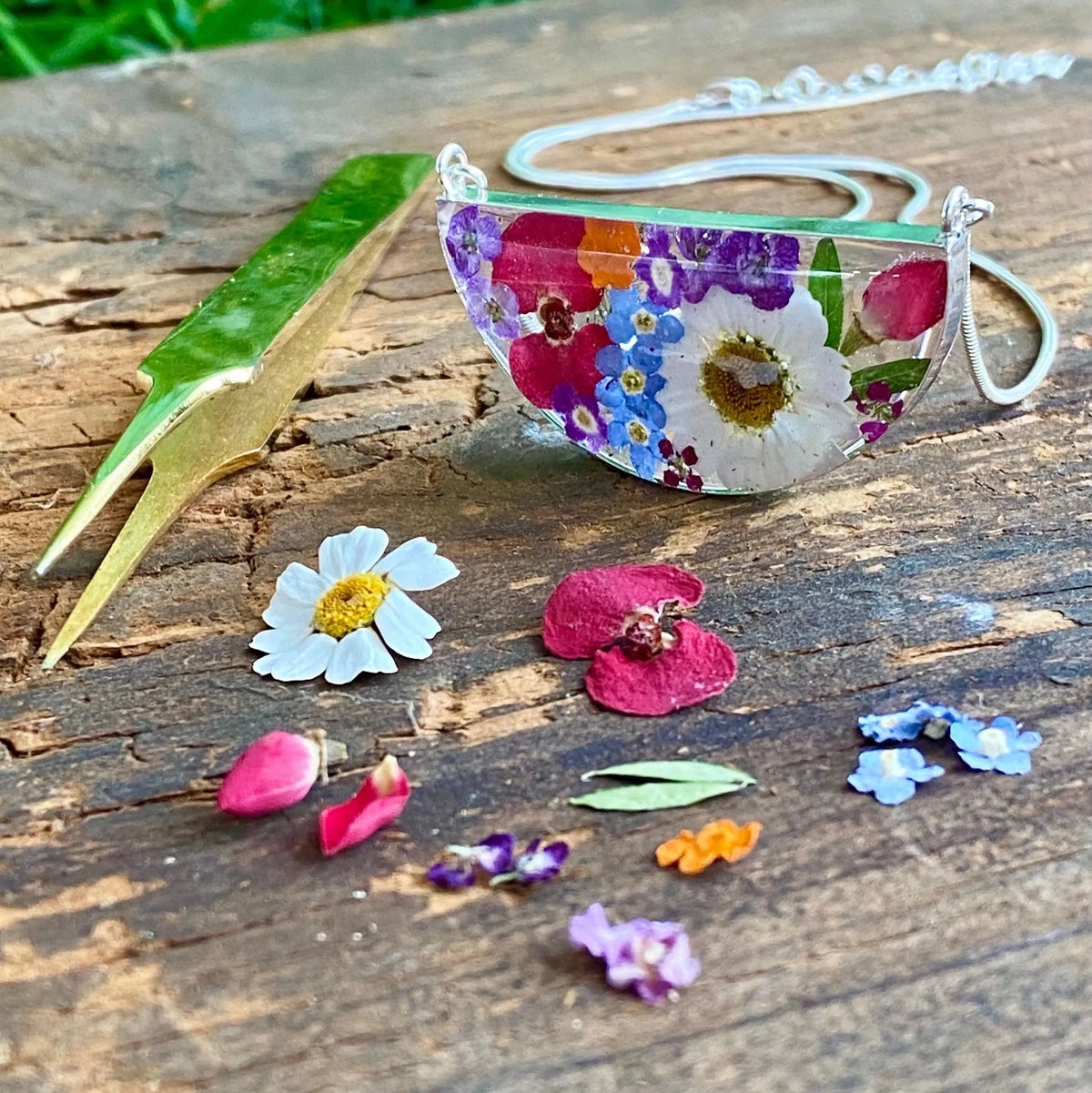 Sterling silver snake chain necklace | Mixed flowers | Half Moon