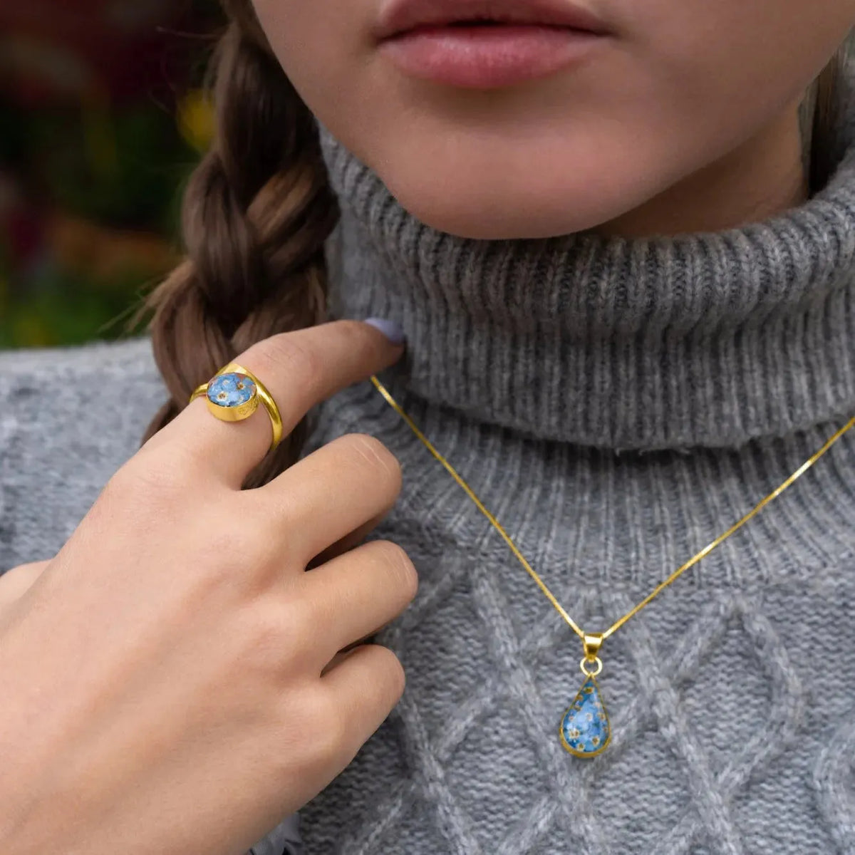 Forget-Me-Not Teardrop Pendant Necklace - Gold plated Silver