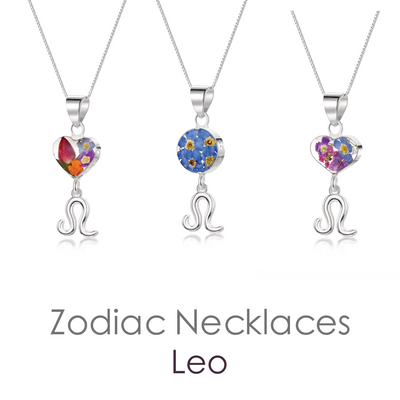 Collar Leo - Colgante de plata de primera ley con flores reales y un dije del zodíaco. Mas opciones...