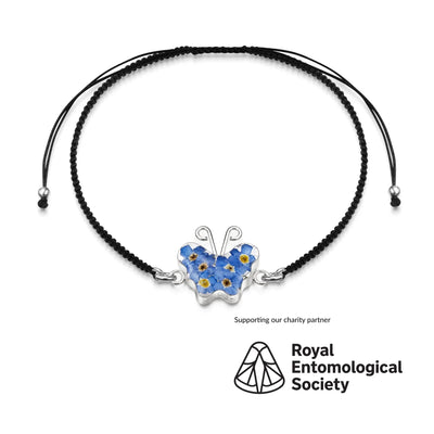 Pulsera tejida negra de mariposa nomeolvides - Plata