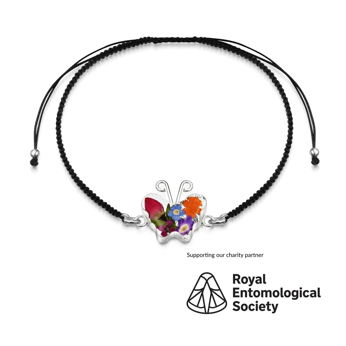 Mixed Flower Butterfly Black Woven Bracelet -  Silver