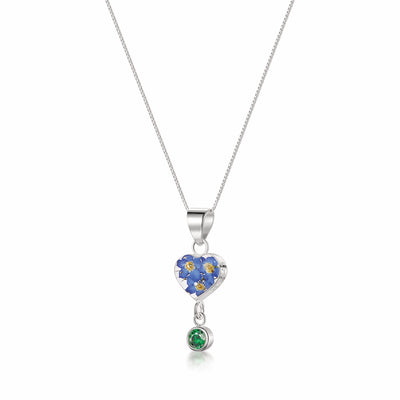 Real Flower Pendant Necklace with Birthstone Charm