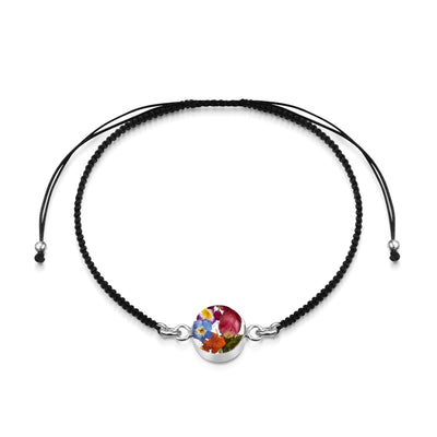 Mixed Flower Round  Black Woven Bracelet -  Silver