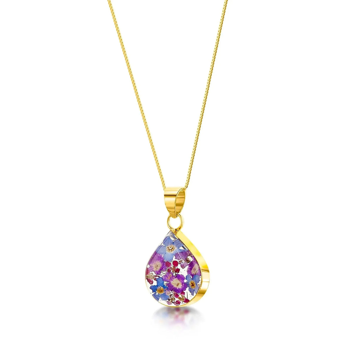 Flower jewellery by Shrieking Violet® Gold-plated sterling silver teardrop pendant necklace with real flowers. Gift ideas for girlfriend or wife
