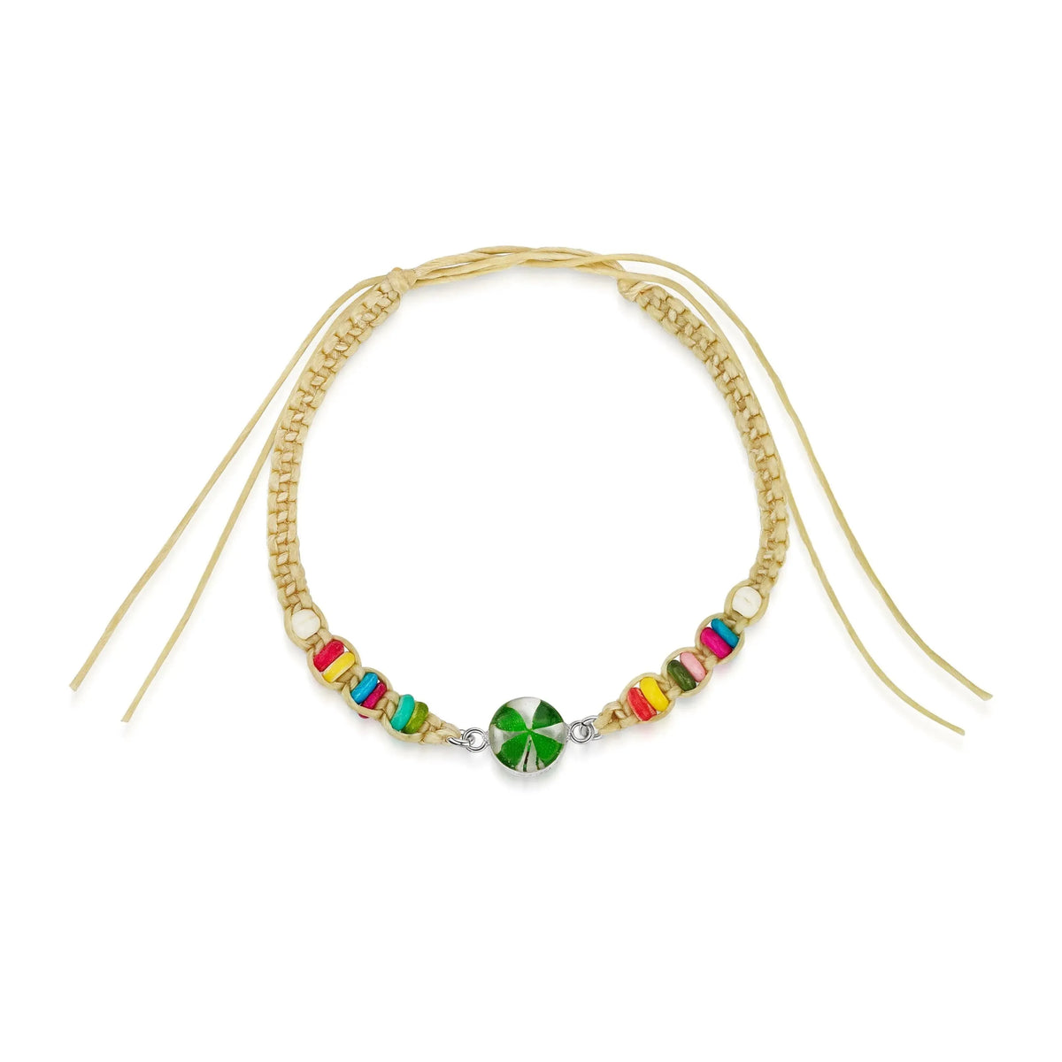 Friendship bracelet with colourful beads & a real flower charm.