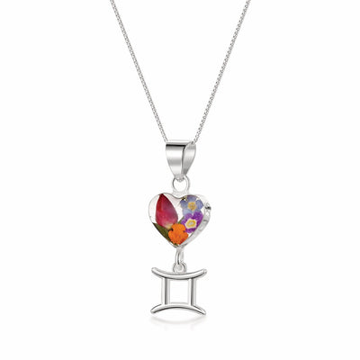 Gemini Necklace - Sterling silver pendant with real flowers & a zodiac charm. More Options...