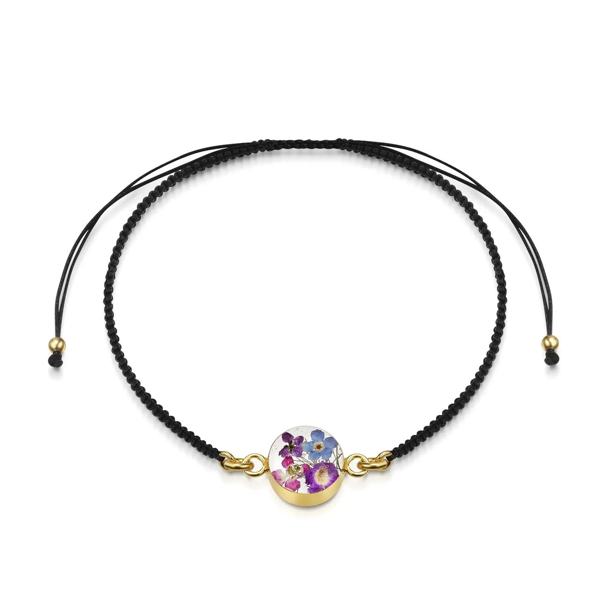 Gold plated black woven bracelet with flower charm - Purple Haze - Round