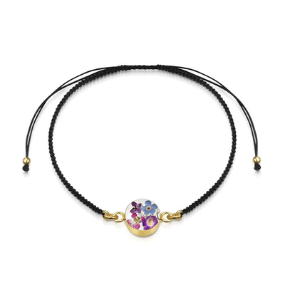 Gold plated black woven bracelet with flower charm - Purple Haze - Round