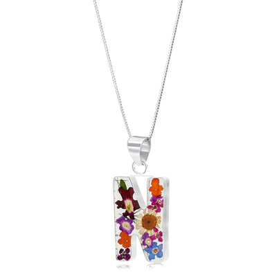 Initial necklace, Sterling silver Letters handmade with real Flowers. Perfect birthday gift