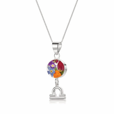 Libra Necklace - Sterling silver pendant with real flowers & a zodiac charm. More Options...