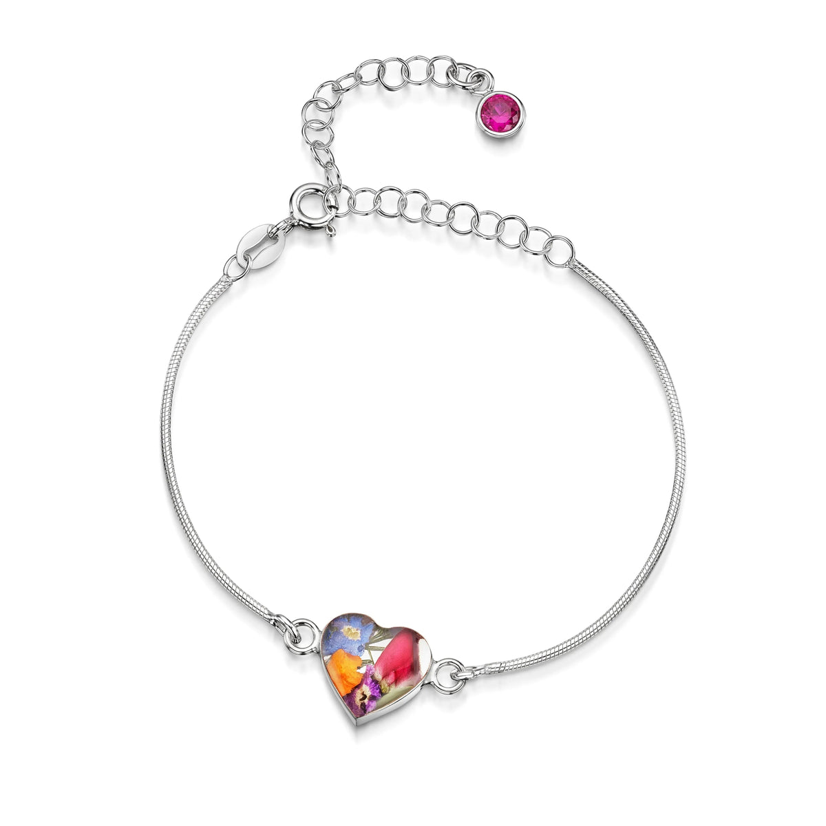 Customizable sterling silver birthstone flower bracelet with a heart-shaped charm and an adjustable snake chain.
