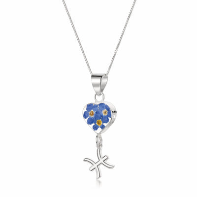 Pisces Necklace - Sterling silver pendant with real flowers & a zodiac charm More Options...