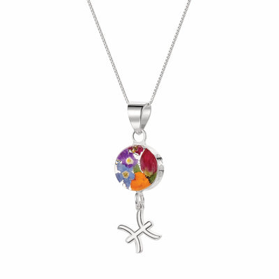 Pisces Necklace - Sterling silver pendant with real flowers & a zodiac charm More Options...