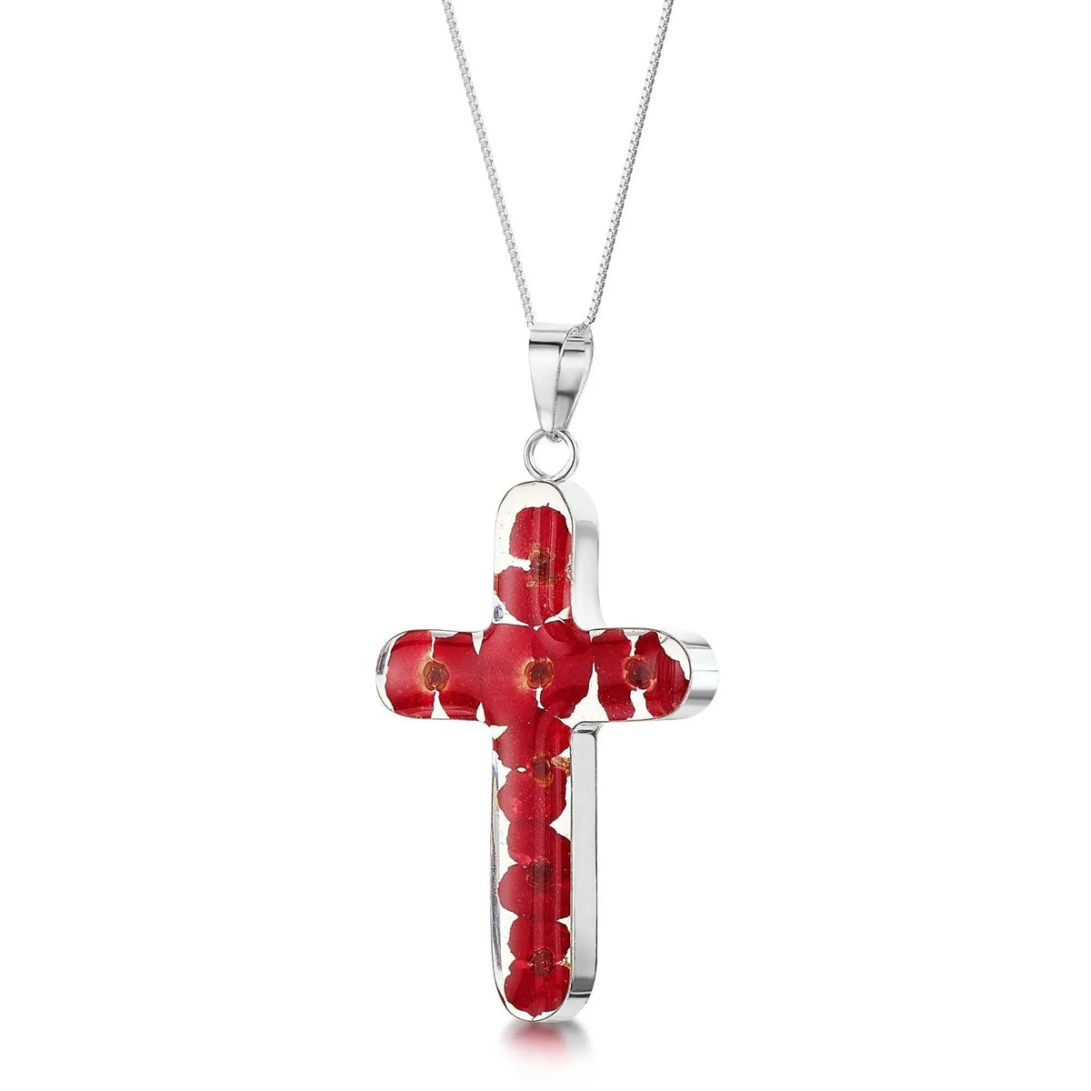 Poppy cross necklace by Shrieking Violet® Sterling silver pendant handmade with real Euphorbia milii flowers. Perfect jewellery gift for Christmas.