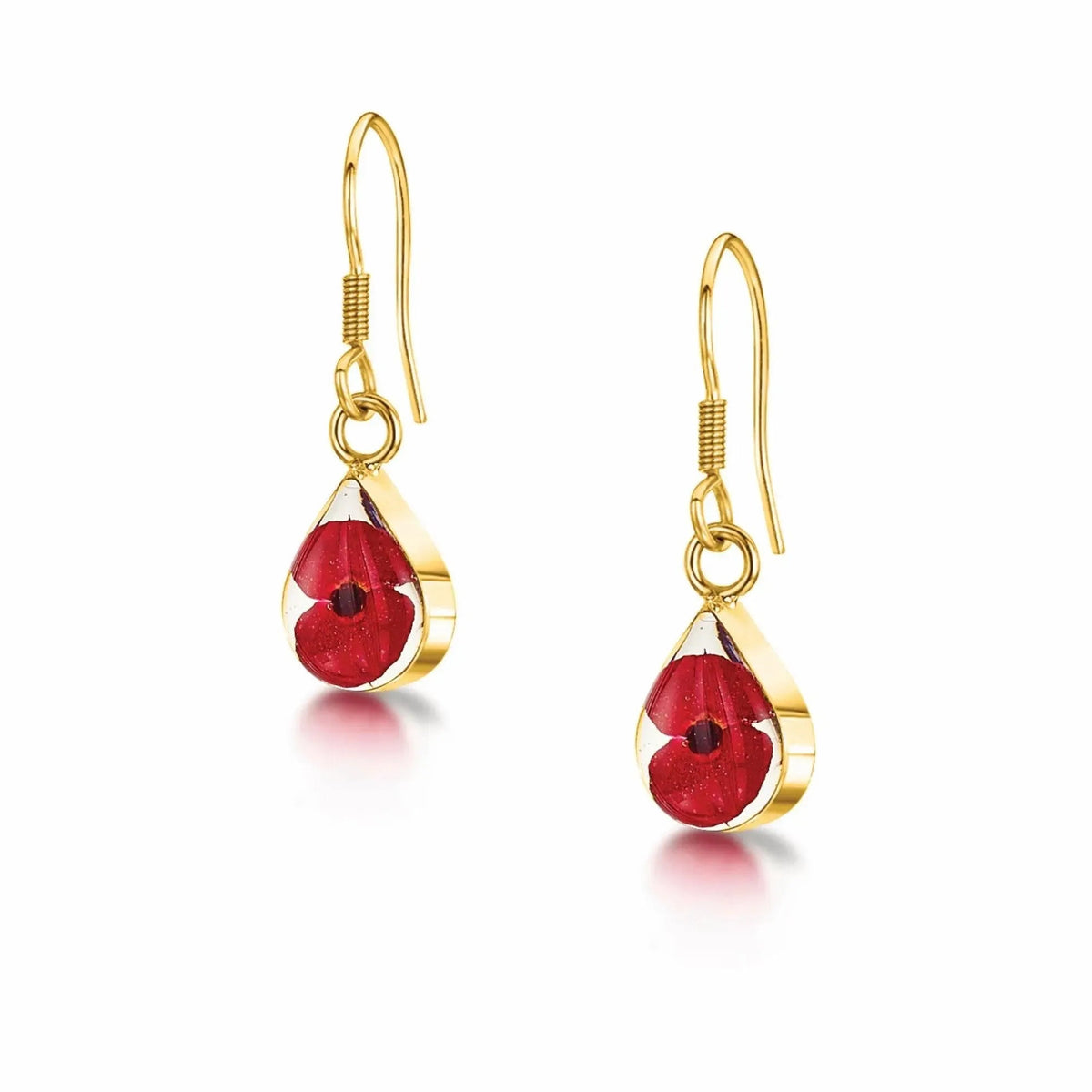 Poppy earrings by Shrieking Violet® Gold-plated sterling silver teardrop earrings with real flowers. Stylish jewellery gift for a special lady