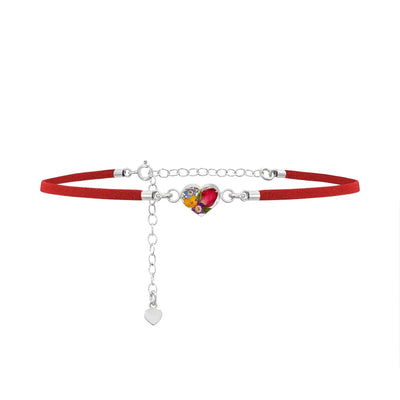 Shrieking Violet Funky Choker Necklace - Red 'Vegan suede' strap - Mixed flowers - Heart - Sterling silver - One size
