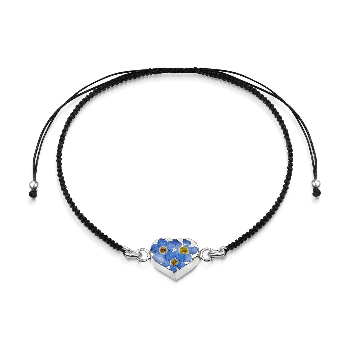Sterling Silver black woven bracelet with flower charm - Forget-me-not - Heart