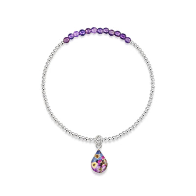 Sterling silver elasticated beaded bracelet - Amethyst stone - Purple haze - Teardrop