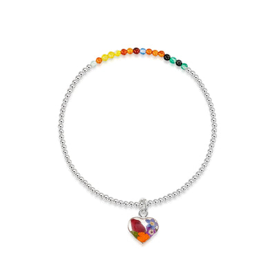 Sterling silver elasticated beaded bracelet - Mixed agate stone - Mixed flower - Heart