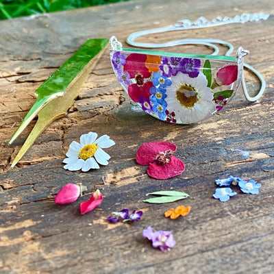 Sterling silver snake chain necklace | Mixed flowers | Half Moon